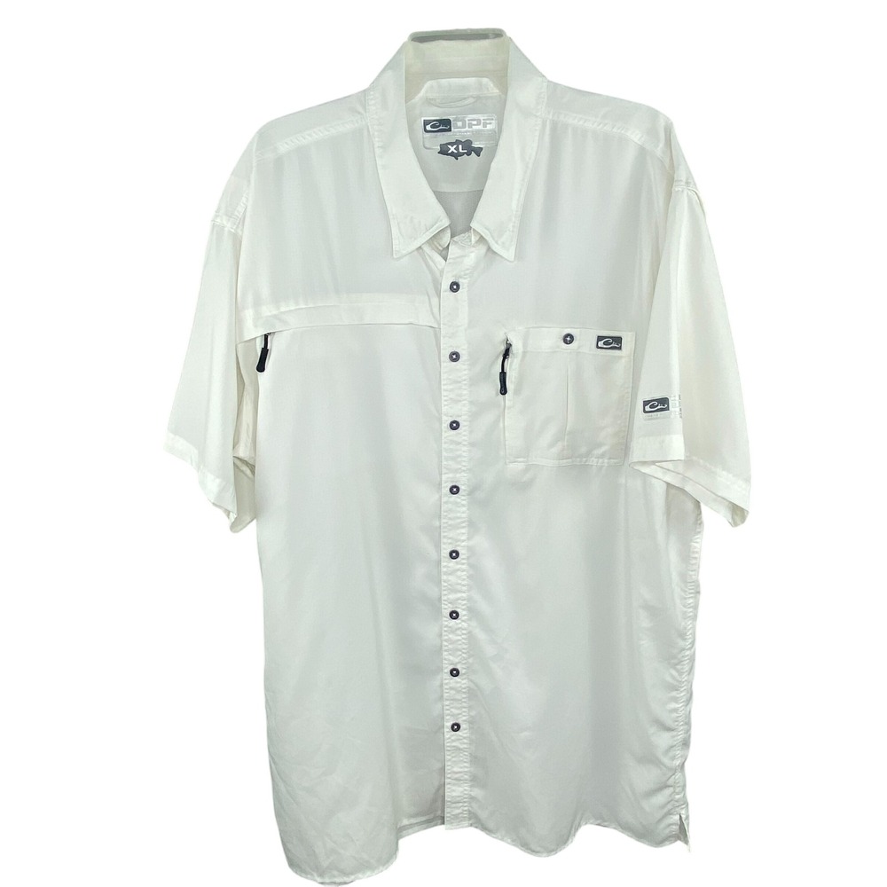 Drake Performance Fishing Shirt Mens XL White Short Sleeve Ripstop Vented Hiking